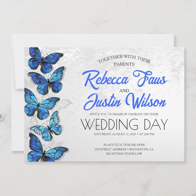 Invitación Mariposas Morfo Monarca azules y blancas (Anverso)