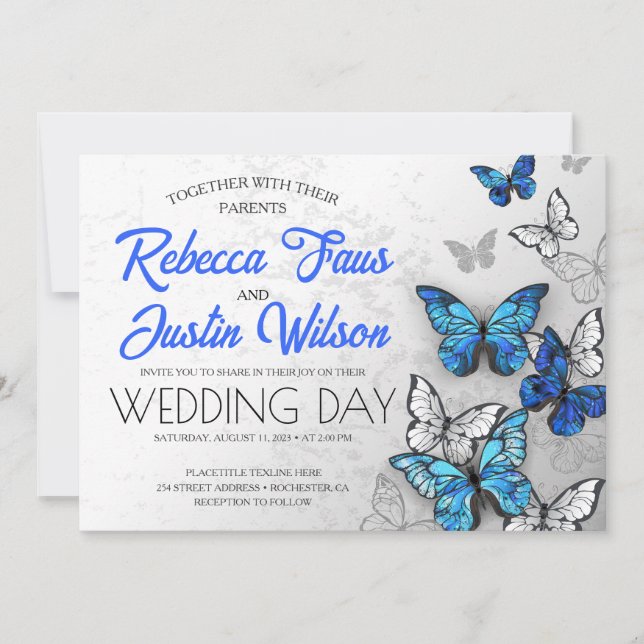 Invitación Mariposas Morfo Monarca Azules y Blancas (Anverso)