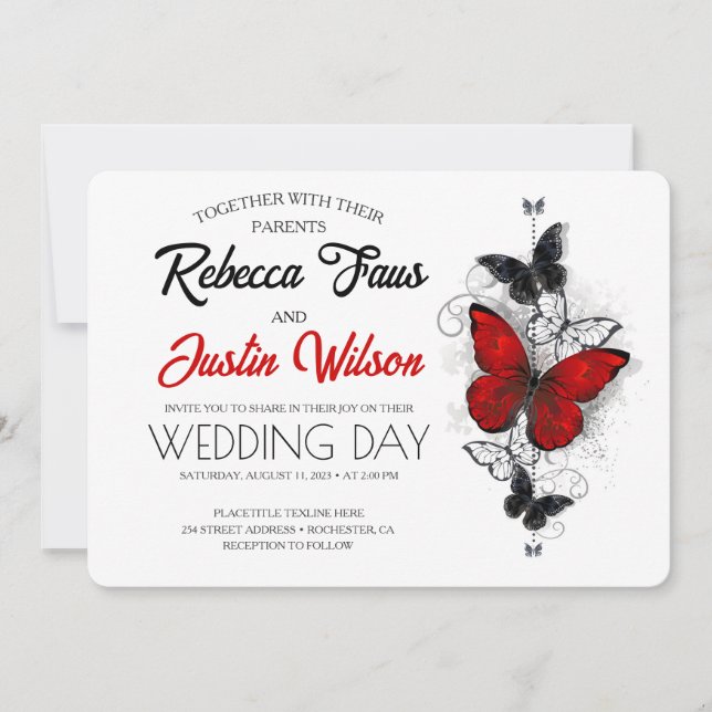 Invitación Mariposas Morpho Monarca Rojas y Negras (Anverso)