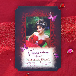 Invitación Mariposas Negras, Rojo Oscuro, Violeta Quinceañera