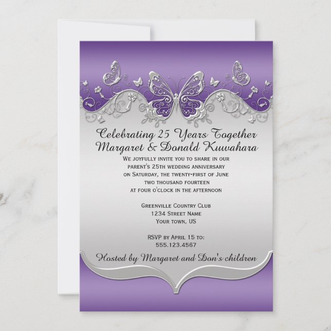 Invitación Mariposas ornamentadas de plata morada 25 aniversa (Anverso)