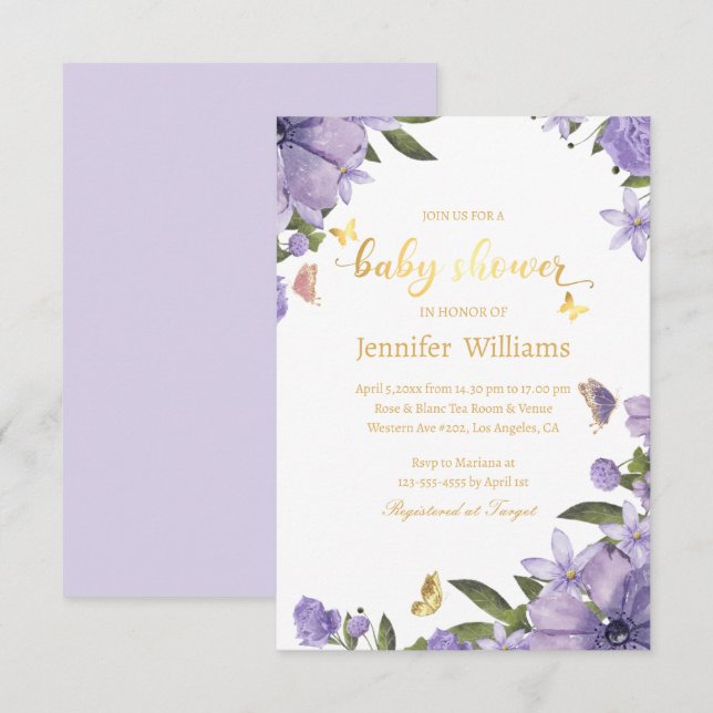 Invitación mariposas oro púrpura floral ducha bebé (Anverso / Reverso)