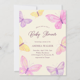 Invitación Mariposas Pastel Rosa Púrpura Elegante Baby Shower