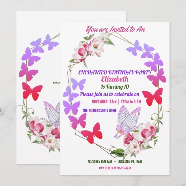 Invitación Mariposas Pink Flora Moradas en la fiesta de cumpl (Anverso / Reverso)
