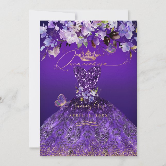 Invitación Mariposas PixDezines Quinceanera, morado oscuro (Anverso)