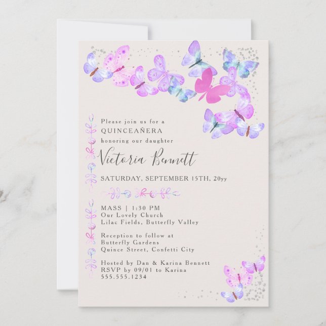 Invitación Mariposas Plata Confetti Quinceanera y Masa (Anverso)