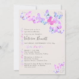 Invitación Mariposas Plata Confetti Quinceanera y Masa