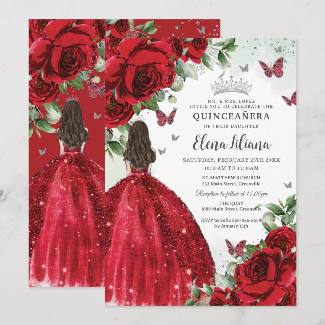 Invitación Mariposas Plata Floral Rojas Quinceañera Sweet 16 (Anverso / Reverso)