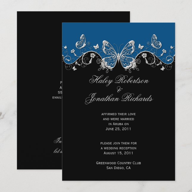 Invitación Mariposas Plateadas Azules Negras Post Boda (Anverso / Reverso)