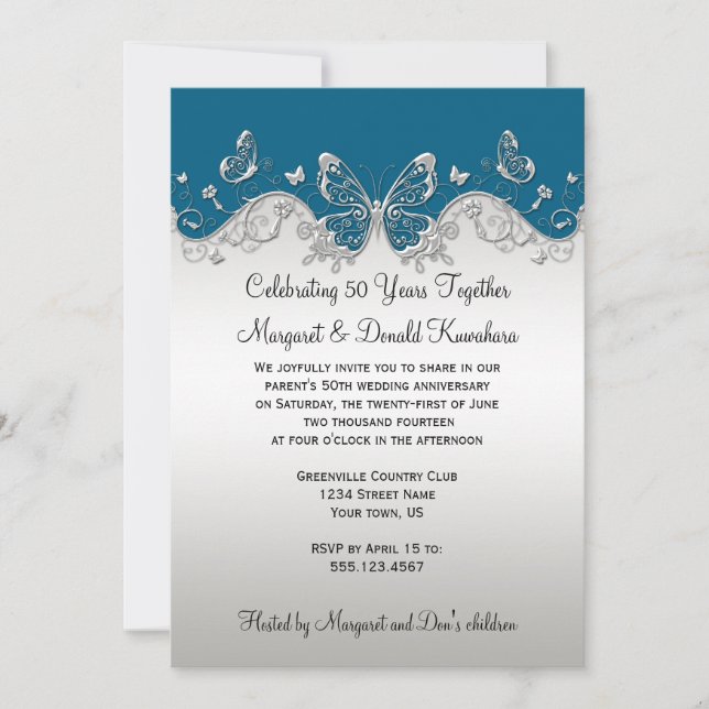 Invitación Mariposas plateadas turquesas 25 aniversario (Anverso)