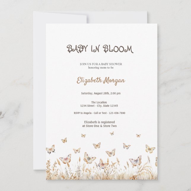 Invitación Mariposas praderas bebé en Baby Shower en flor (Anverso)