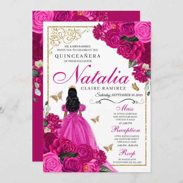 Invitación Mariposas Princesa de Oro Rosa de Fuchsia Quinceañ (Anverso / Reverso)