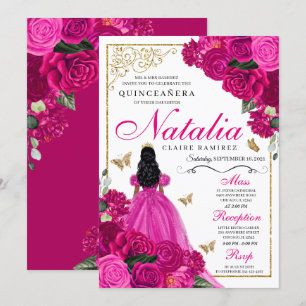 Invitación Mariposas Princesa de Oro Rosa de Fuchsia Quinceañ