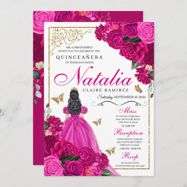 Invitación Mariposas Princesa de Oro Rosa de Fuchsia Quinceañ (Anverso / Reverso)