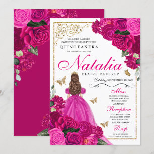 Invitación Mariposas Princesa de Oro Rosa de Fuchsia Quinceañ