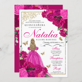 Invitación Mariposas Princesa de Oro Rosa de Fuchsia Quinceañ