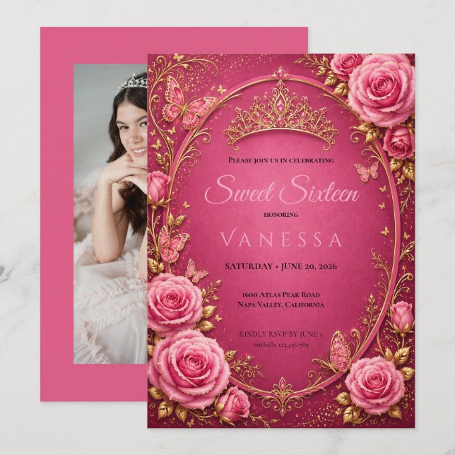 Invitación Mariposas Princesa Photo dulces 16 (Anverso / Reverso)
