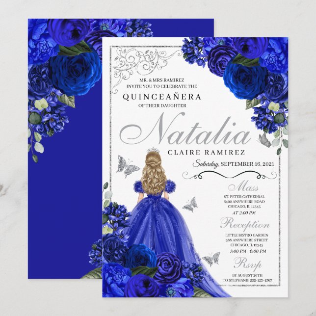 Invitación Mariposas Princesa Real de Plata Azul Quinceañera (Anverso / Reverso)
