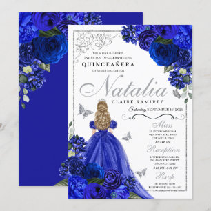 Invitación Mariposas Princesa Real de Plata Azul Quinceañera