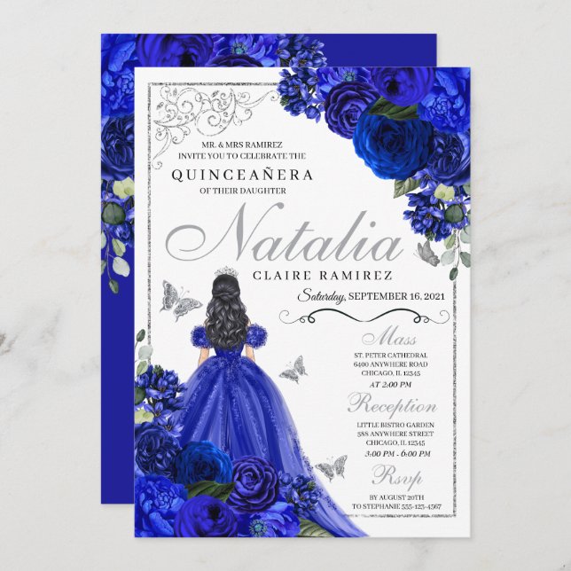 Invitación Mariposas Princesa Real de Plata Azul Quinceañera (Anverso / Reverso)