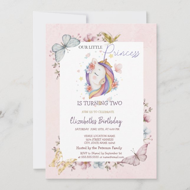 Invitación Mariposas Princesa Unicornio Cumpleaños Rosado   (Anverso)