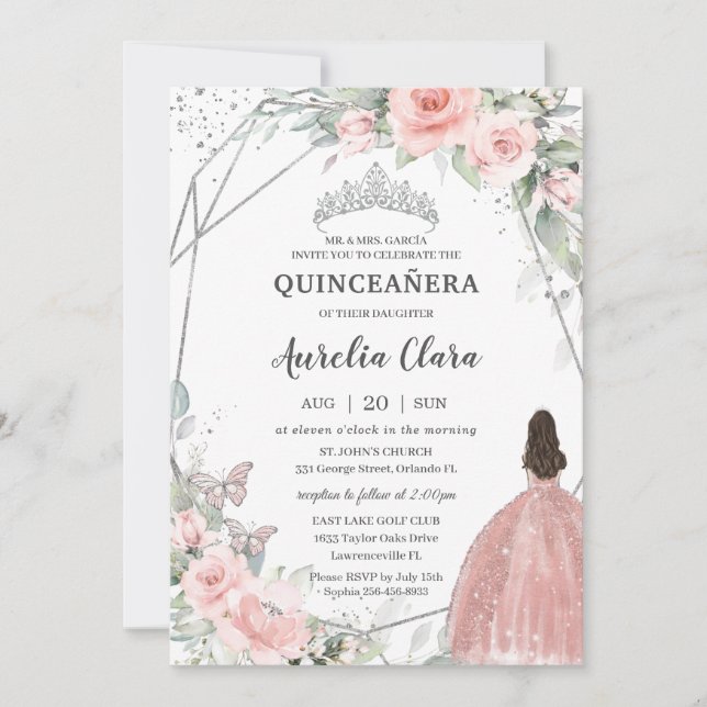 Invitación Mariposas Princesas Florales Rosadas de Rubor Quin (Anverso)