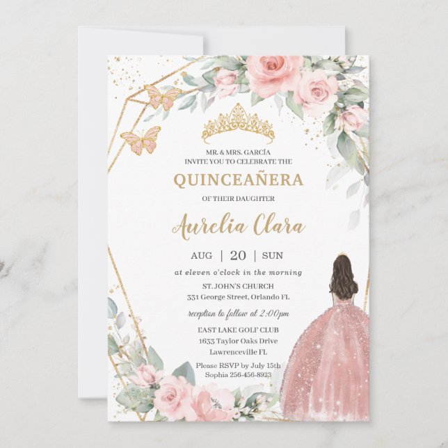 Invitación Mariposas Princesas Florales Rosadas de Rubor Quin (Anverso)