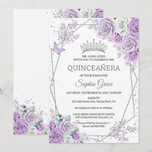 Invitación Mariposas Purple Floral Quinceañera Cumpleaños