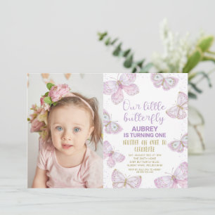 Invitación Mariposas Purple Gold Foto Primer cumpleaños