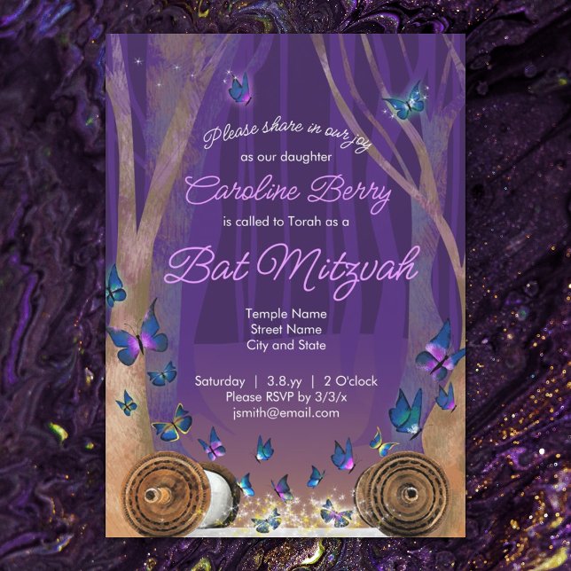Invitación Mariposas Púrpura, Desplazamientos Invitan A Mitzv (magical forest purple bat mitzvah invitations, torah scrolls, sparkles)