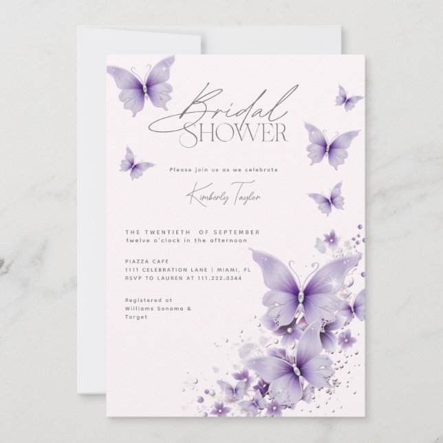 Invitación Mariposas Púrpura Ducha De Novias Rosa (Anverso)