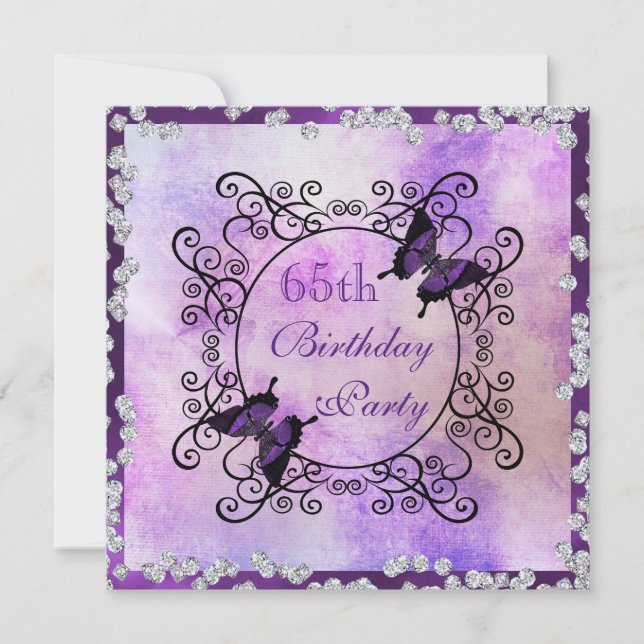 Invitación Mariposas Púrpura y Diamantes Cumpleaños número 65 (Anverso)