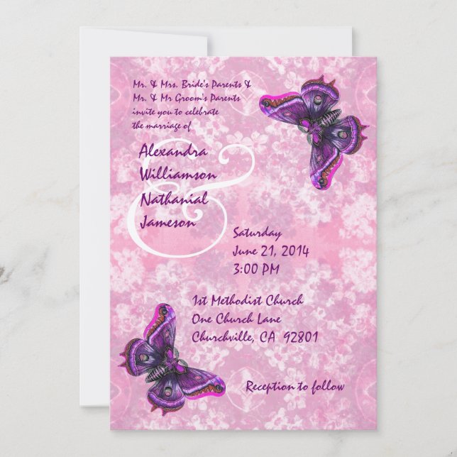 Invitación Mariposas púrpuras y rosadas que casan la (Anverso)