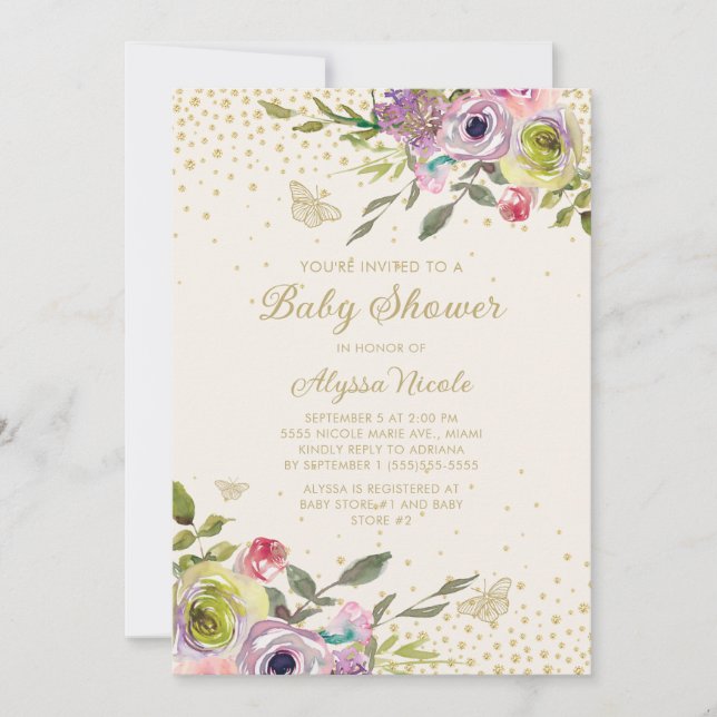 Invitación Mariposas Purpurina morado rosada floral dorada be (Anverso)