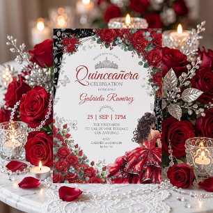 Invitación Mariposas Quinceañera Tiara de Plata Roja y Negra