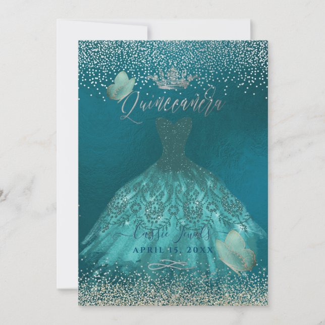 Invitación Mariposas Quinceanera Verde azulada Ombre (Anverso)