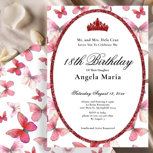 Invitación Mariposas Rojas Glam Cumpleaños 18 Debut (Subido por el creador)