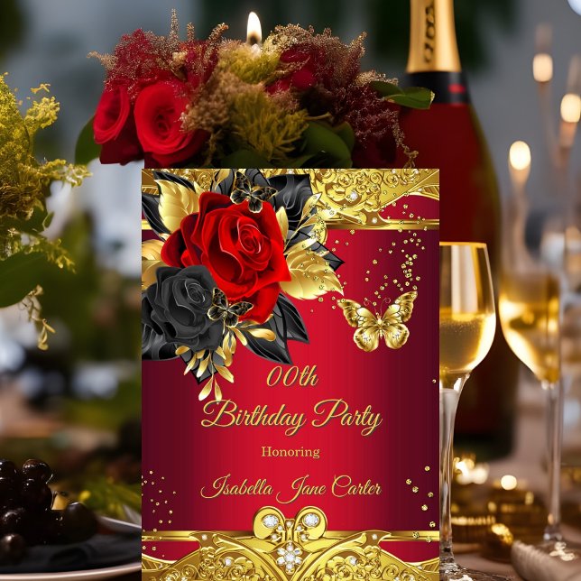 Invitación Mariposas Rojas Rosa Floral Oro Cumpleaños Fiesta (Subido por el creador)