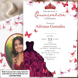 Invitación Mariposas Rojas Vestido Foto 15 XV Quinceañera