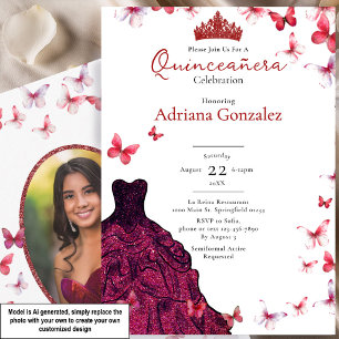 Invitación Mariposas Rojas Vestido Foto 15 XV Quinceañera