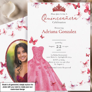 Invitación Mariposas Rojas Vestido Foto 15 XV Quinceañera
