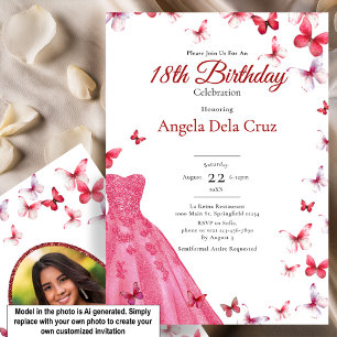 Invitación Mariposas Rojas Y Vestido Debut Cumpleaños 18