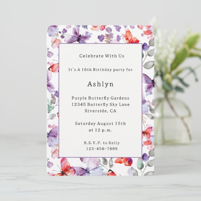 Invitación Mariposas Rojo Púrpura Cumpleaños   (Anverso de pie)