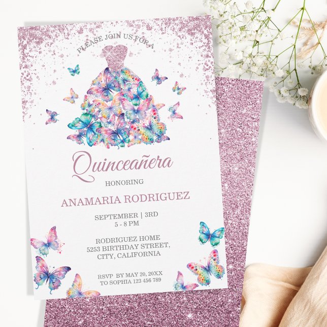Invitación Mariposas Rosa de oro esparcen a Quinceanera (Subido por el creador)