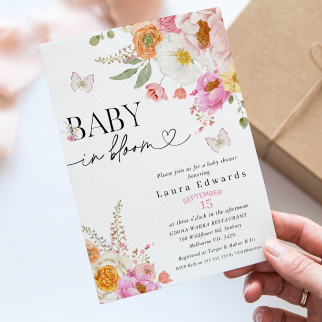 Invitación Mariposas Rosa Florales Bebe En Flor Ducha de Bebe (Baby in Bloom Baby Shower Invitation, Baby in Bloom Invitation, In Bloom Baby Shower Invitations,)