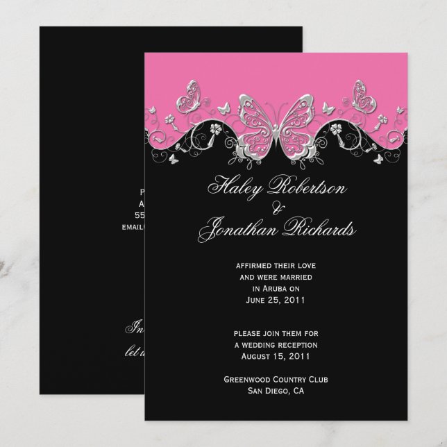 Invitación Mariposas Rosa Negro Plata Post Boda (Anverso / Reverso)