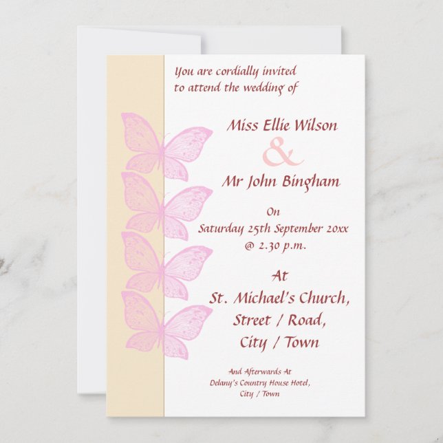 Invitación Mariposas rosadas (Anverso)