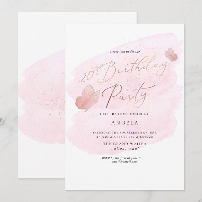 Invitación Mariposas rosadas acuarela Champagne 20 DIY YEAR (Anverso / Reverso)