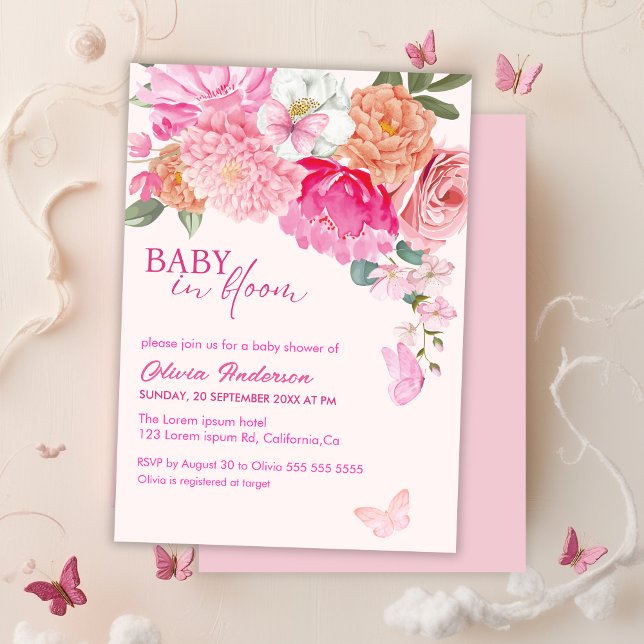 Invitación Mariposas rosadas Bebé en Baby Shower florido en f (Subido por el creador)