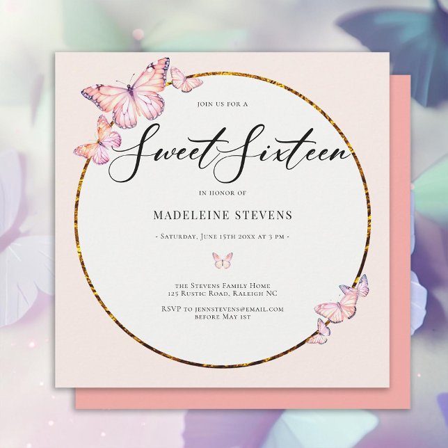 Invitación Mariposas rosadas Boho Marco dorado Girly dulce 16 (pink butterflies gold boho frame sweet sixteen birthday invitation girly trendy chic)